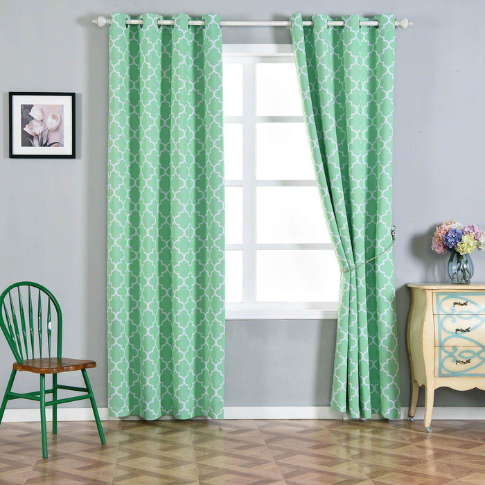 White/Mint Lattice Print Thermal Blackout Curtains With Chrome Grommet Window Treatment Panels