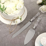 2 Set | Stainless Steel Knife and Server Party Favors Set With Clear Acrylic Handle | Free Gift Box 