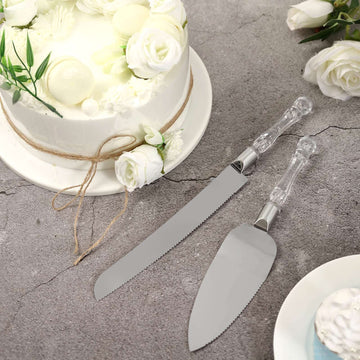 2 Set Knife and Server Stainless Steel with Clear Acrylic Handle - Party Favors with Gift Box 10" & 12"