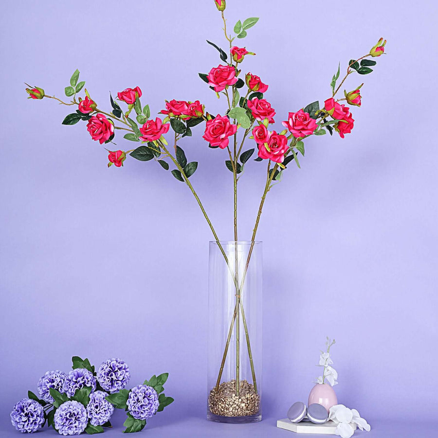 2 Stems | 38inches Tall Fuchsia Artificial Silk Rose Flower Bouquet Bushes