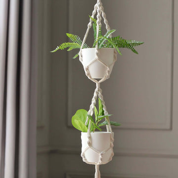 2-Tier Hanging Planter Basket with Tassels Ivory Double Boho Design - Cotton Rope Indoor Decorative Holders