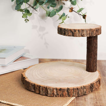 2-Tier Wooden Cheese Board Stand Elm Wood Slice Design Natural - Rustic Cupcake Centerpiece 8"