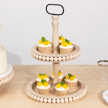 2-Tier Wooden Serving Tray Stand Beaded Design with Metal Handle Natural - Round Rustic Farmhouse Cupcake Display 17"