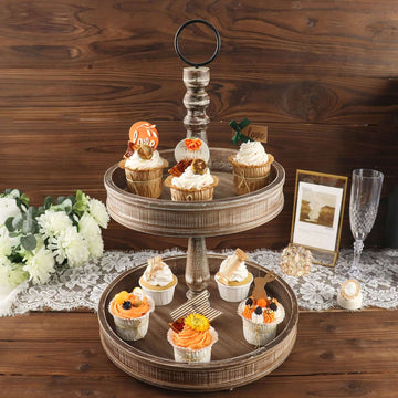 2-Tier Wooden Serving Tray Stand Rustic Brown Design - Farmhouse Style Cupcake Display 20"