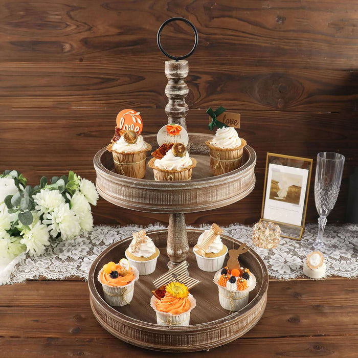 20inch Rustic Brown 2-Tier Wooden Cupcake Stand, Farmhouse Style Serving Tray Stand