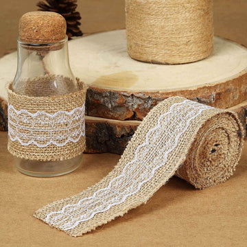 2" x 16FT Natural Jute Burlap Ribbon With Wavy Lace