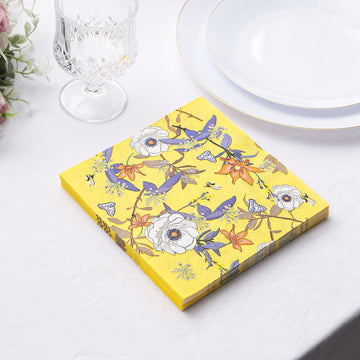 20 Pack Bright Yellow Botanical Floral Paper Cocktail Napkins, Blooming Flowers Disposable Beverage Napkins - 18 GSM