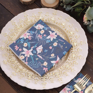 Elevate Your Table Setting with Navy Blue Water Lilly Floral Paper Beverage Napkins