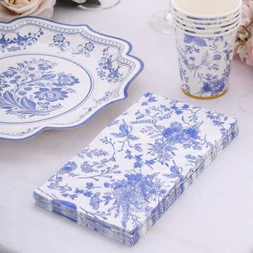 20 Pack White Blue Chinoiserie Floral Print Disposable Napkins, Soft 2-Ply Highly Absorbent Paper Dinner Napkins