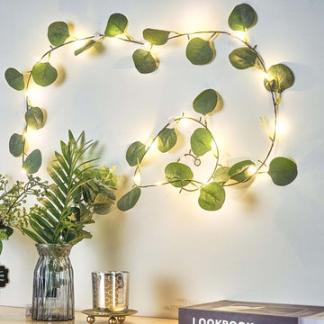 20 LED Vine String Lights Eucalyptus Leaf Design Green Warm White - Battery Operated Home Décor 7ft