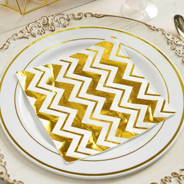 20-Pack Paper Dinner Napkins with Chevron Design Metallic Gold - Disposable 3 Ply Cocktail Napkins for Weddings