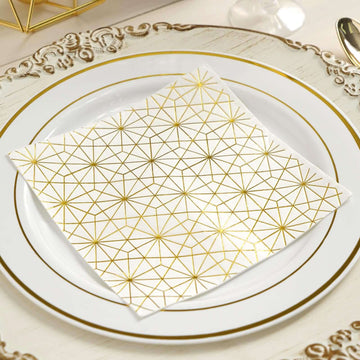 20-Pack Paper Dinner Napkins with Geometric Design Metallic Gold - Disposable 3 Ply Cocktail Napkins for Weddings