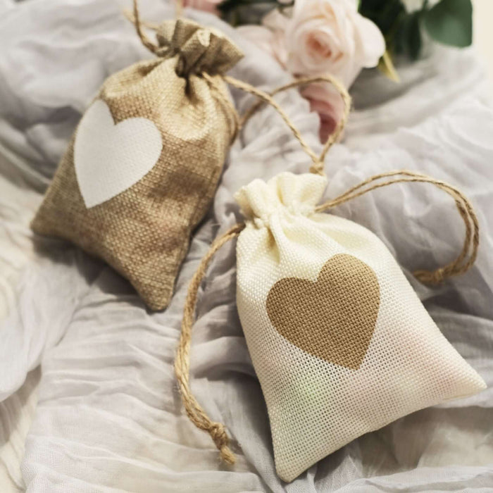 20 Pack | 4x5inch Natural/Ivory Heart Design Jute Burlap Gift Bags With Drawstring