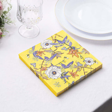 20-Pack Paper Beverage Napkins with Blooming Flowers Design Yellow - 2 Ply Soft 18GSM Floral Wedding Napkins 6.5"x6.5"