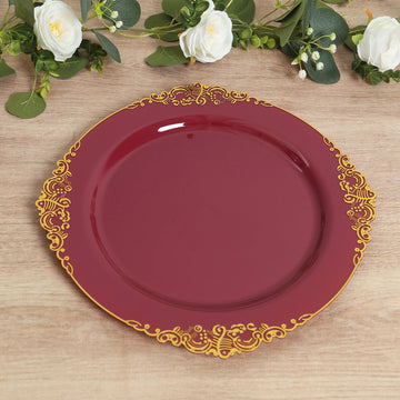 20-Pack Economy Plastic Round Charger Plates 13" in Burgundy with Gold Embossed Baroque Rim, Stylish Dinner Party Serving Plates