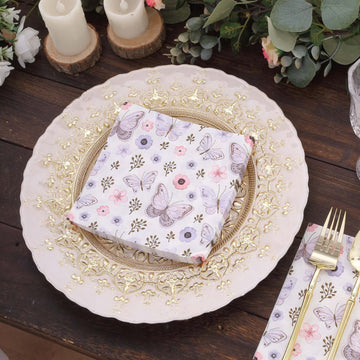 20-Pack Paper Beverage Napkins with Lavender Butterfly Floral Design Ivory - 2 Ply Soft 18GSM Garden Wedding Napkins 6.5"x6.5"