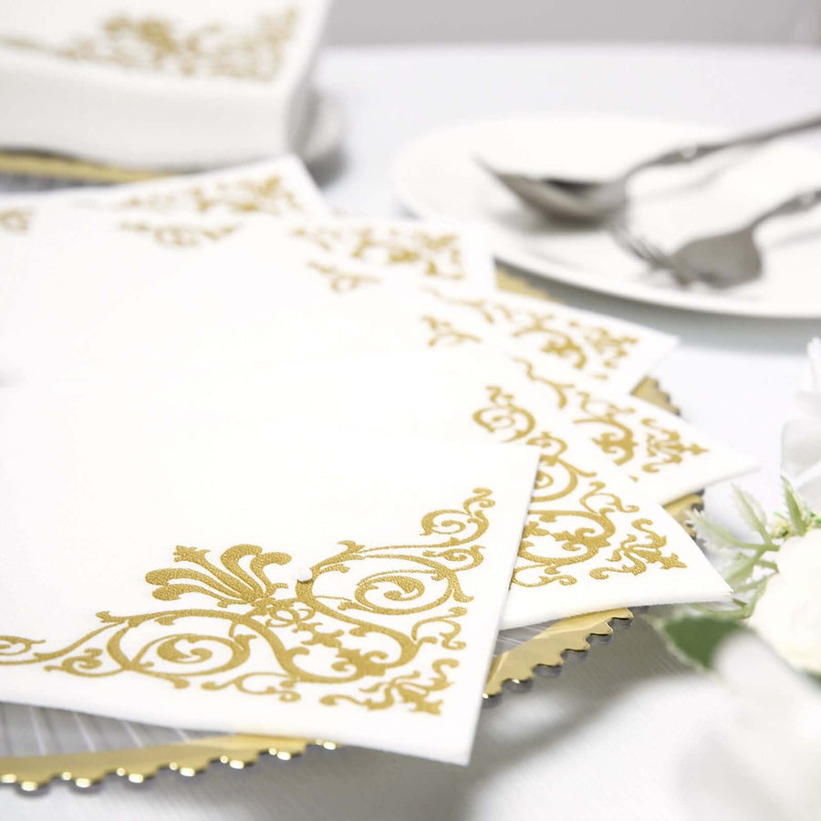 20 Pack White Linen-Feel Beverage Napkins with Gold Fleur Vintage Print