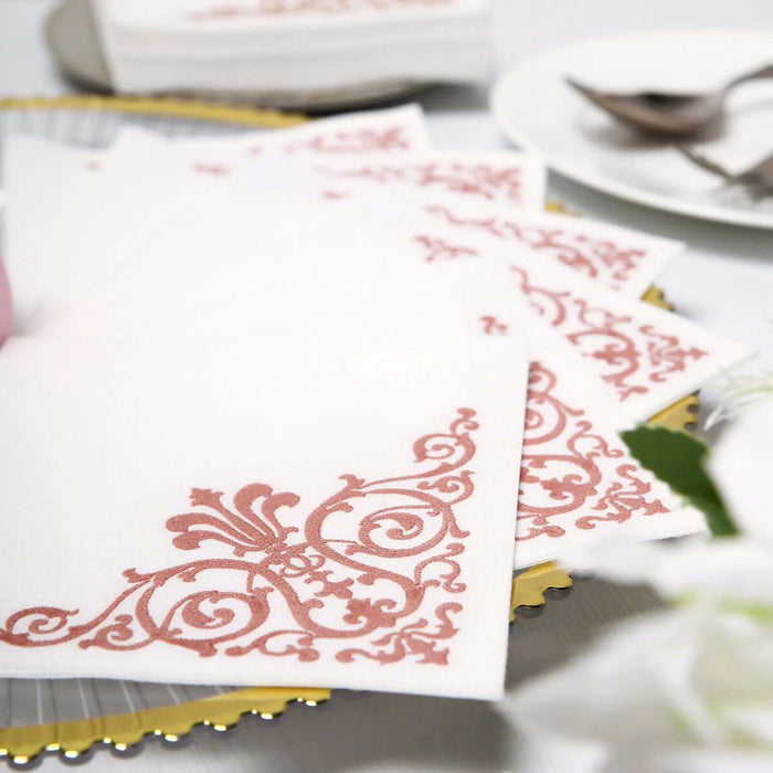 20 Pack White Linen-Feel Beverage Napkins with Rose Gold Fleur Vintage Print