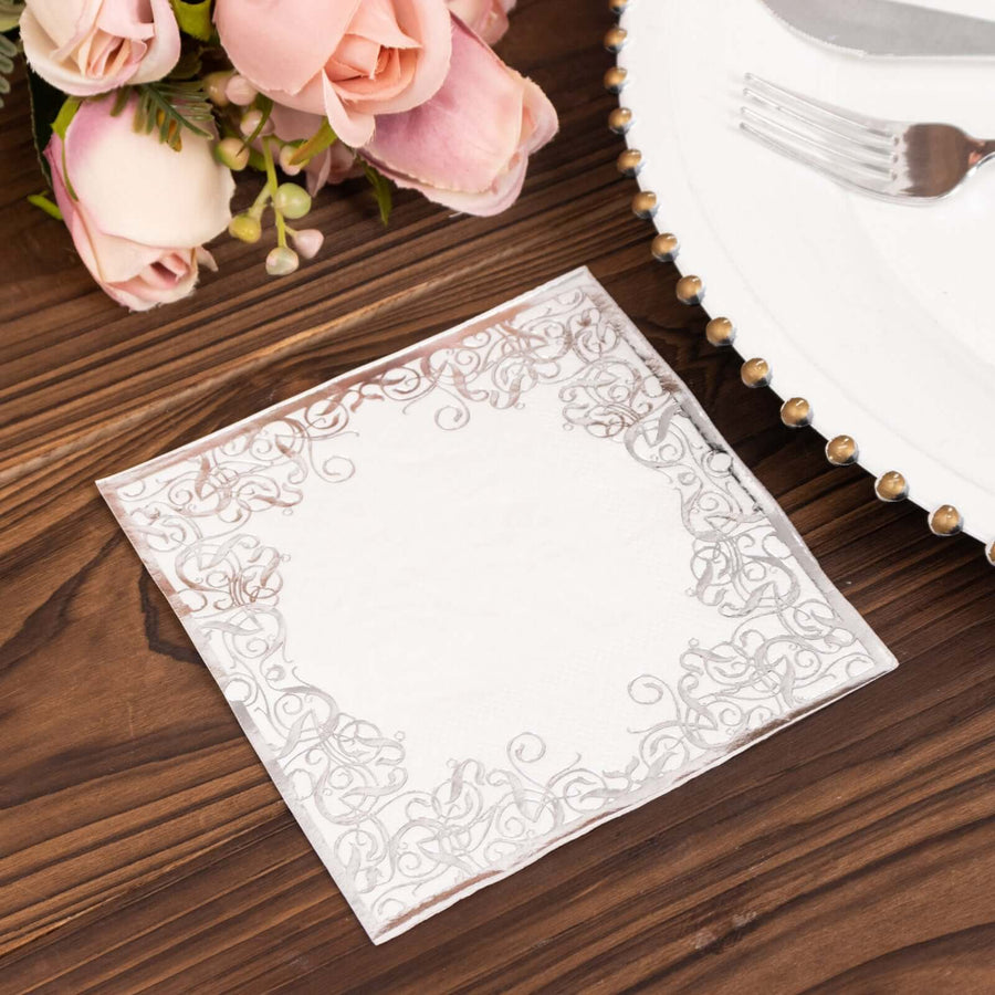 20 Pack White 3 Ply Premium Paper Cocktail Napkins with Silver Foil Lace Soft European Style Wedding