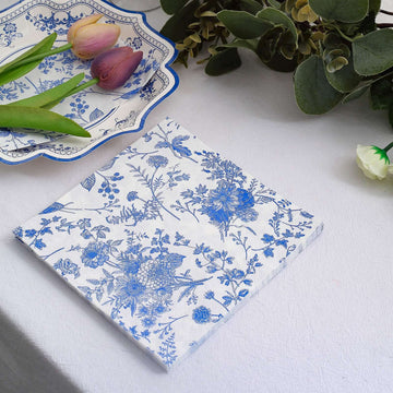 20-Pack Paper Cocktail Napkins with French Toile Print White/Blue - Disposable 2 Ply Beverage Napkins for Events 5"x5"