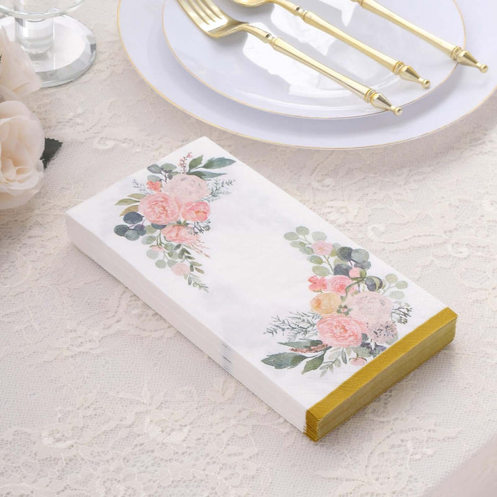 20 Pack White Pink Peony Flowers Print Disposable Party Napkins with Gold Edge