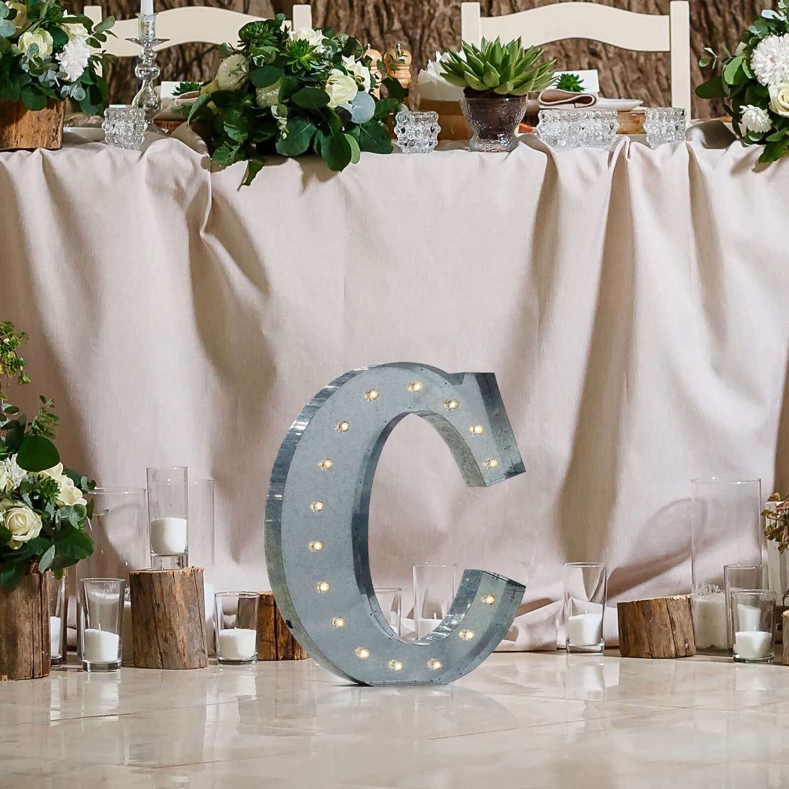 20" Vintage Galvanized Metal Marquee Letter Light Cordless With 16 Warm White LED - C