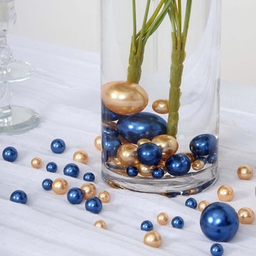 200Pcs Assorted Pearl Beads Vase Fillers in Navy Blue and Gold - Lustrous DIY Craft Bead Set