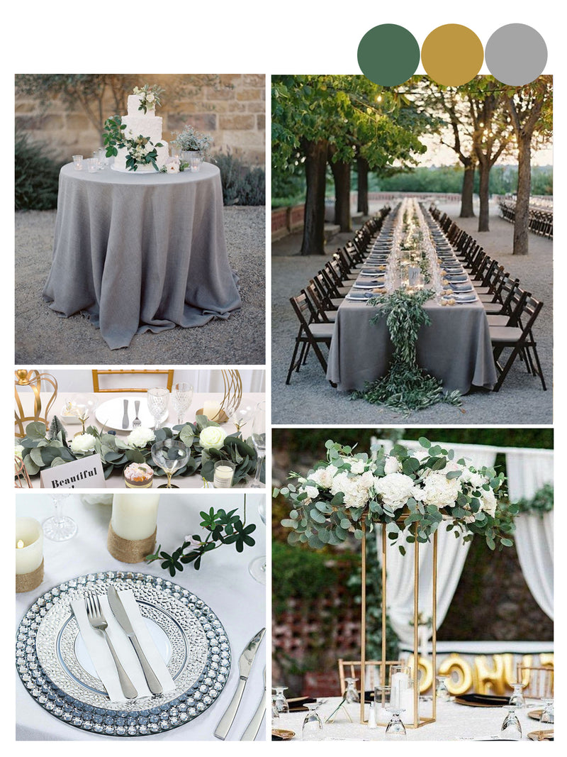 Gray wedding tablecloth on round reception table
