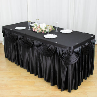 Elevate Your Event Decor with the 21ft Black Pleated Satin Double Drape Table Skirt