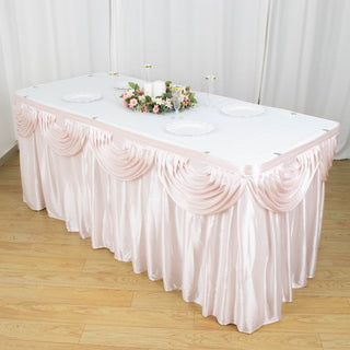 Elevate Your Event Decor with the 21ft Blush Pleated Satin Double Drape Table Skirt