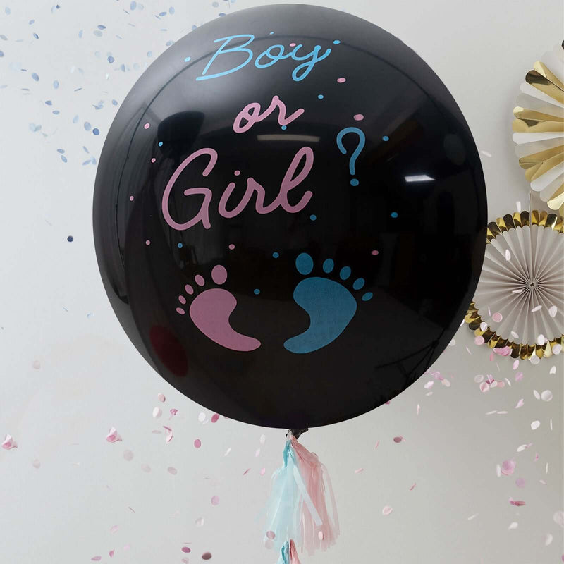 Black gender reveal balloon with "Boy or Girl?" text and blue-pink confetti