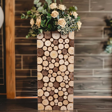 24" Natural Wooden Slices Pillar Prop Pedestal Stand, Rustic Farmhouse Wood Riser Rectangular Plant Stand