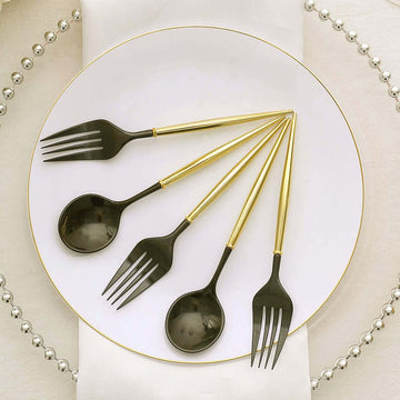 24-Pack Plastic Fork and Spoon Set Black/Gold - Heavy Duty Disposable Modern Utensils 6"