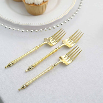 24-Pack Plastic Dessert Forks with Roman Column Handle Gold - European Style Disposable Utensils 6"