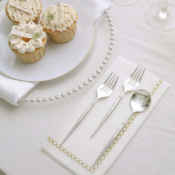 24-Pack Plastic Fork and Spoon Set Metallic Silver - Heavy Duty Disposable Modern Utensils 6"