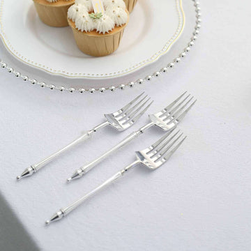 24-Pack Plastic Dessert Forks with Roman Column Handle Silver - European Style Disposable Utensils 6"