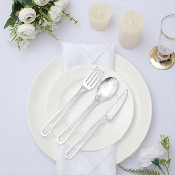 24-Pack Plastic Utensil Set with Modern Hollow Handle Design Silver - Disposable Silverware 7"