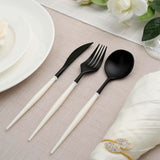 24 Pack | 8inch Black With Ivory Handle Silverware Set, Modern Premium Plastic Utensil Set