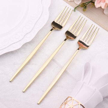 24 Pack 8" Glossy Gold Heavy Duty Plastic Silverware Forks Cutlery, Premium Disposable Sleek Flatware