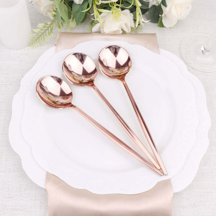 Glossy Blush/Rose Gold Heavy Duty Plastic Silverware Spoons, Premium Disposable Flatware Cutlery