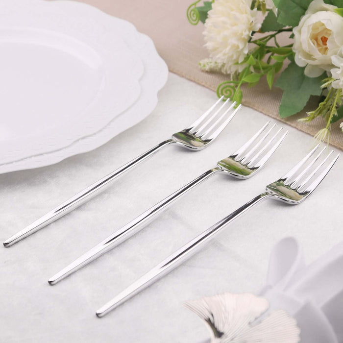 Glossy Silver Heavy Duty Plastic Silverware Forks, Shiny Cutlery, Premium Disposable Flatware