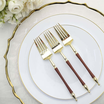 24-Pack Plastic Forks with Roman Column Handle Gold/Brown - European Style Disposable Utensils 8"