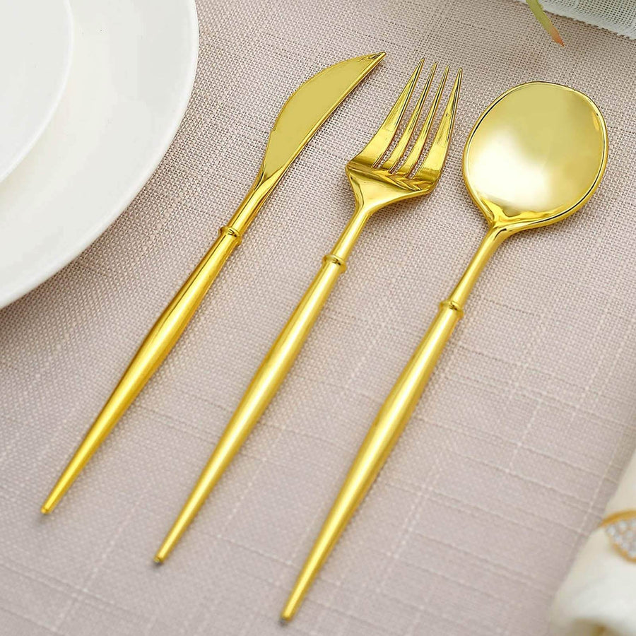 24 Pack | 8inch Gold Modern Plastic Silverware Set Heavy Duty Flatware, Disposable Cutlery