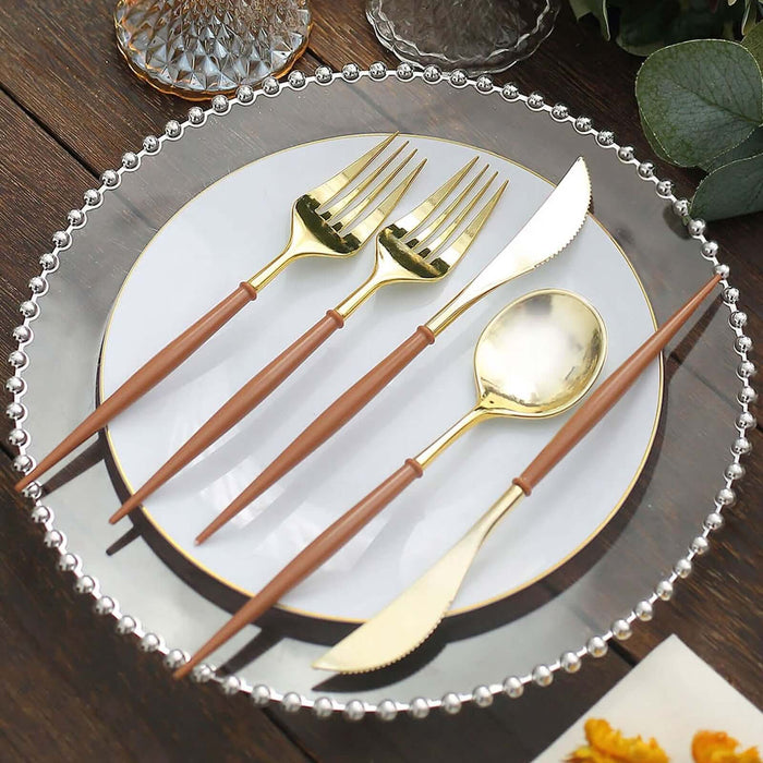 24 Pack | 8inch Metallic Gold With Brown Silverware Set, Modern Premium Plastic Utensil Set