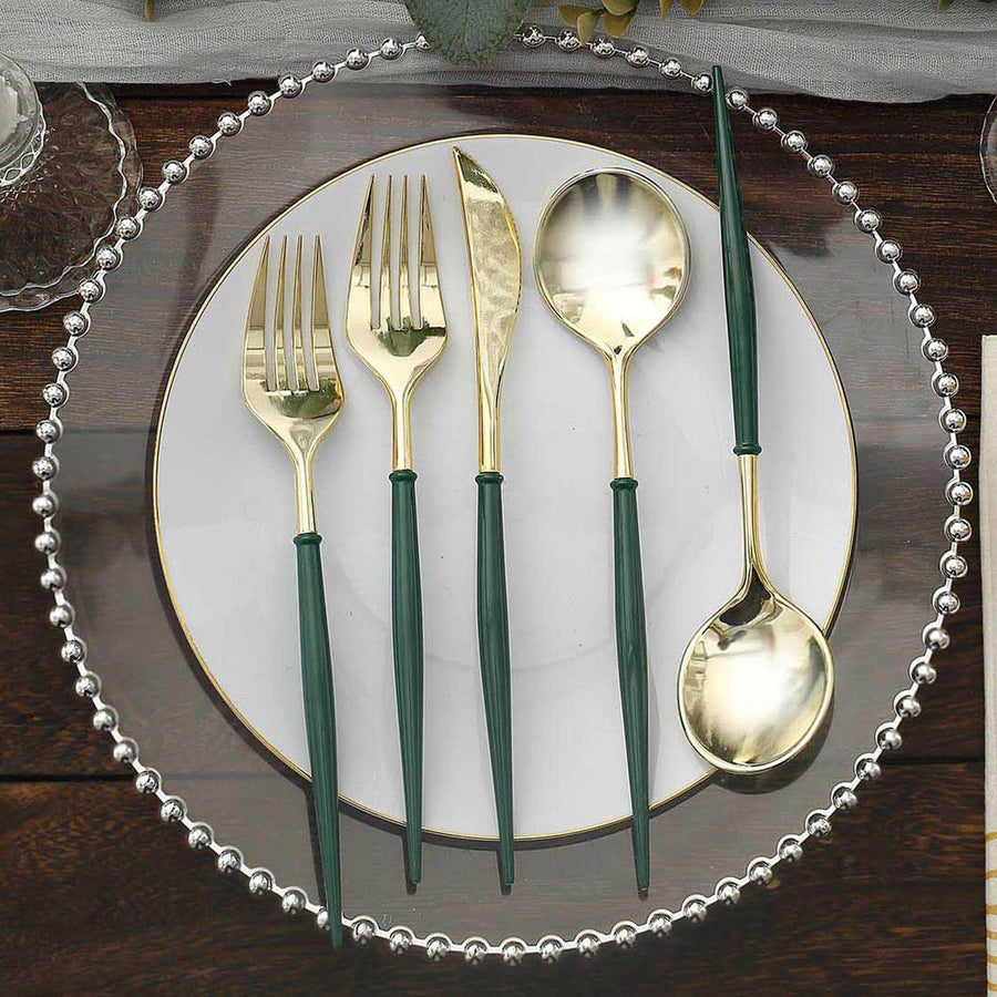 24 Pack | 8inch Metallic Gold With Hunter Emerald Green Utensil Set, Modern Plastic Silverware Set