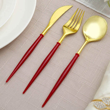 24-Pack Plastic Flatware Set in Metallic Gold with Red Handle - Heavy Duty Disposable Modern Silverware 8"