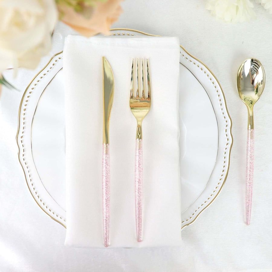 24 Pack | 8inch Metallic Gold With Blush Rose Gold Glitter Silverware Set, Modern Plastic Utensil