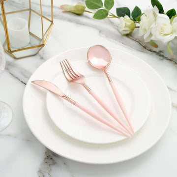 24-Pack Plastic Flatware Set in Rose Gold with Blush Handle - Heavy Duty Disposable Modern Silverware 8"