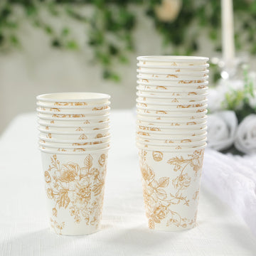 24-Pack Paper Cups in White with Gold French Toile Print - Stylish Disposable Floral Party Cups for Weddings & All Purpose Use 9oz