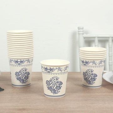 24 Pack Disposable Paper Cups in White Royal Blue Damask Floral Pattern, Elegant Party Cups - 9oz